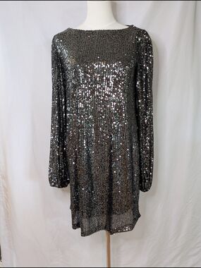 Steve Madden Metallic Black Sequin Long-Sleeve Shift Dress Small NWT